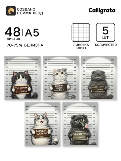 Тетрадь 5 штук, 48 листов в клетку Calligrata «Коты хулиганы», серые листы, блок №2, 5 видов
