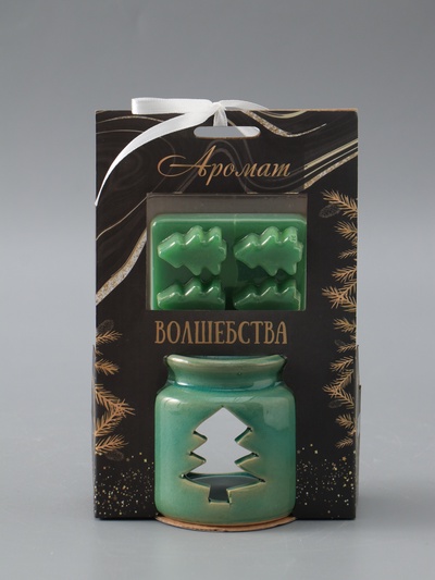 УЦЕНКА Аромалампа керамика + ароматический воск "Ёлочка" зелёная 7,5х7,5х8 см