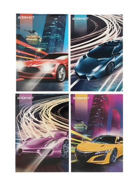 Набор блокнотов 8 шт А6 24л кл на скобе Тачки, мел карт, бл офс, 4В + ручка МИКС