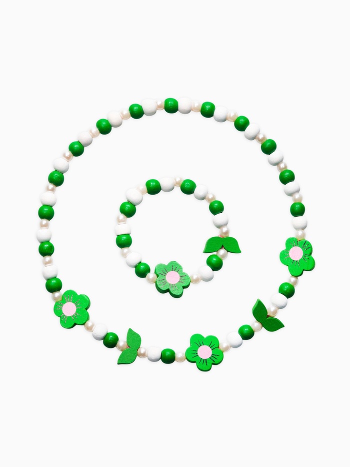Набор детский «Выбражулька» 2 предмета: бусы, браслет d=6 см, цветы, бело-зеленый