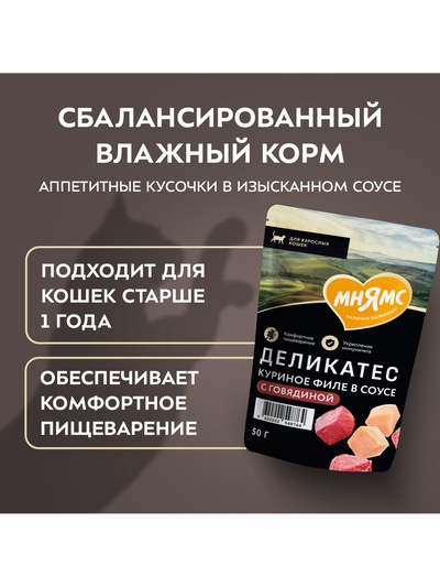 Влажный корм для кошек «Мнямс.Деликатес», куриное филе с говядиной в соусе, 50 г