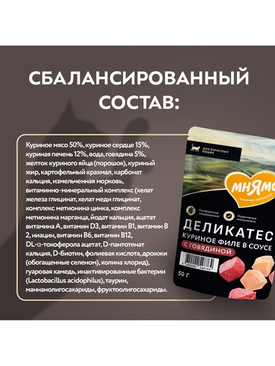 Влажный корм для кошек «Мнямс.Деликатес», куриное филе с говядиной в соусе, 50 г
