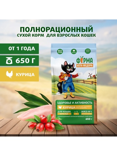 Сухой корм для взрослых кошек «Ферма кота Федора», с курицей, 650 г