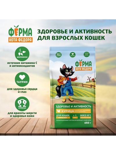 Сухой корм для взрослых кошек «Ферма кота Федора», с курицей, 650 г