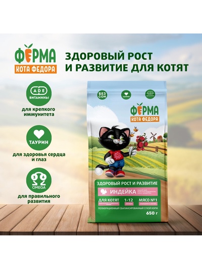 Сухой корм «Ферма кота Федора», для котят от 1 месяца, беременных и кормящих кошек, с индейкой, 650 г