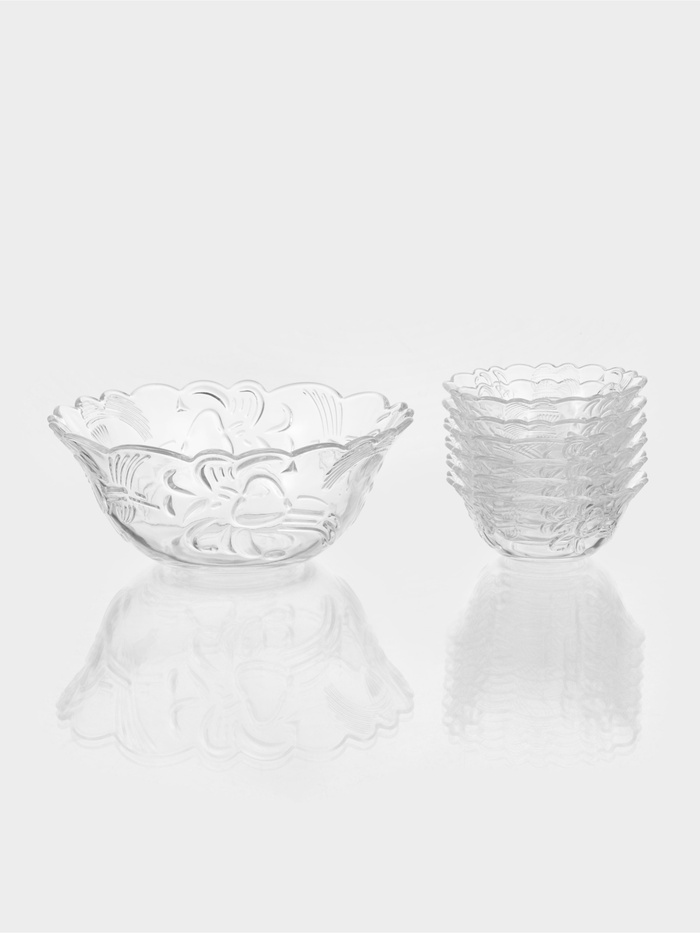 Салатники «Флора», 260 мл, 1500 мл, d=12.2/22 см, набор 7 шт., стекло, прозрачные