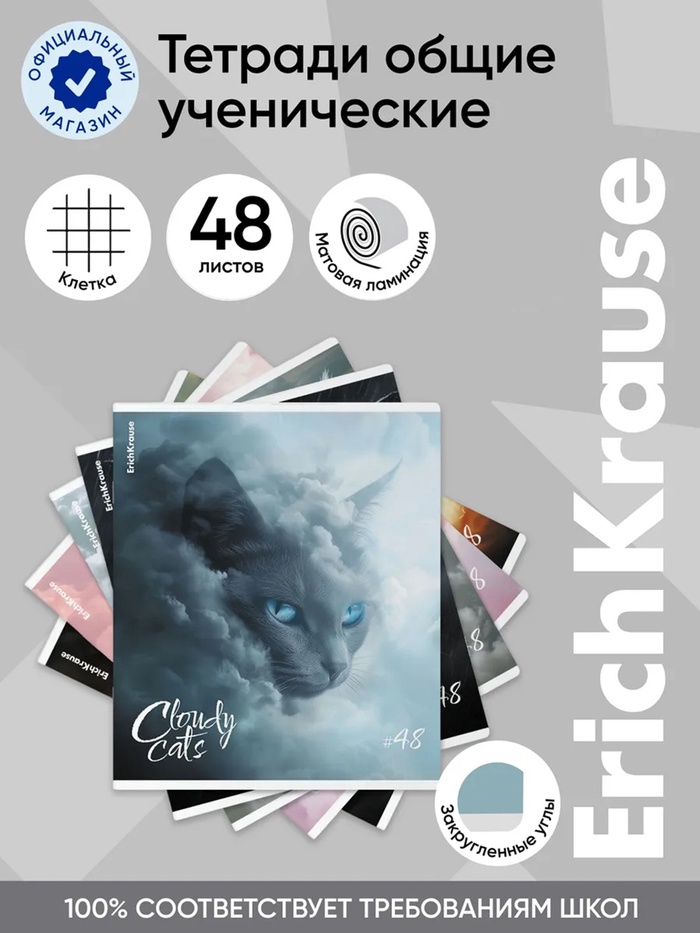 Тетрадь 48 листов в клетку ErichKrause Cloudy Cats, МИКС