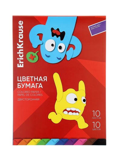 Бумага цветная А4 ErichKrause Jolly Friends, 10 листов, 10 цветов, двусторонняя, на клею