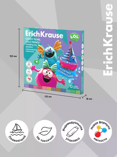Пластилин 12 цветов ErichKrause Jolly Friends Candy, плавающий, со стеком