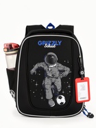 Рюкзак школьный new с картхолдером на держателе, Grizzly, 29х18х36, черный,  синий, космос, - фото 809681393