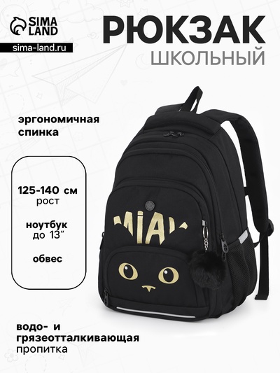 Рюкзак школьный «Мяу», 30×20×39 см, чёрный
