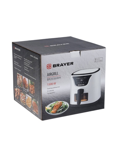 Аэрогриль BRAYER 2036BR, 1500 Вт, 5 л, 7 программ, 200°С, LCD-дисплей, таймер, решетка, белый