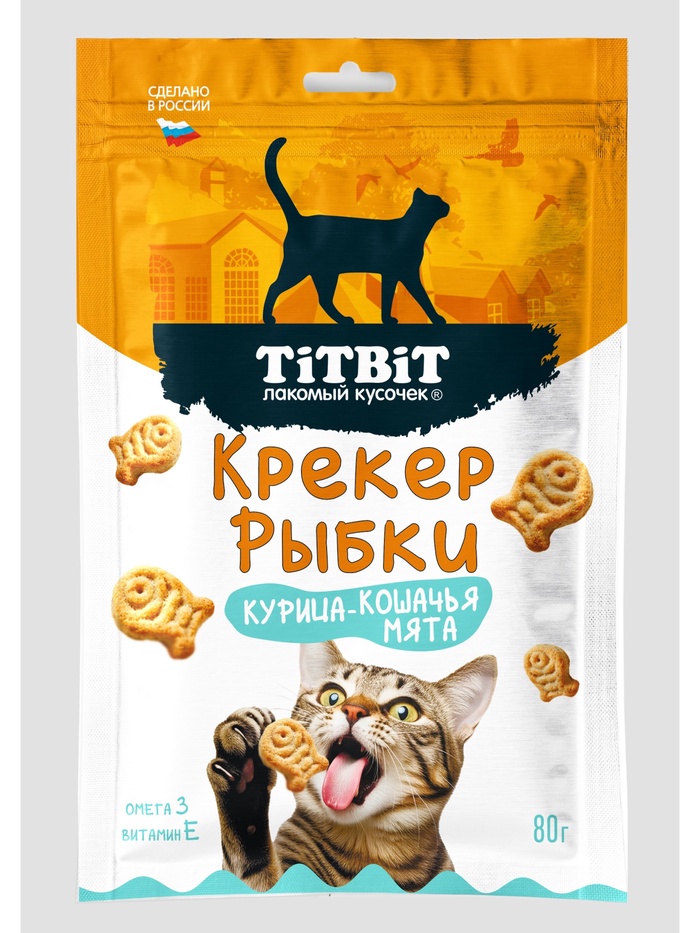 Крекер рыбки для кошек TiTBiT со вкусом курицы и кошачьей мяты, 80 г - Фото 1