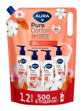 Жидкое мыло AURA Pure Cotto 2 в 1 «Миндаль и хлопковое молочко», для рук и тела, дой-пак, гипоаллергенное, 1.2 л
