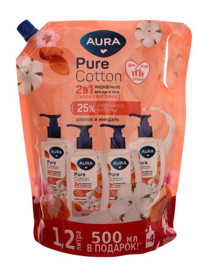 Жидкое мыло AURA Pure Cotto 2 в 1 «Миндаль и хлопковое молочко», для рук и тела, дой-пак, гипоаллергенное, 1.2 л