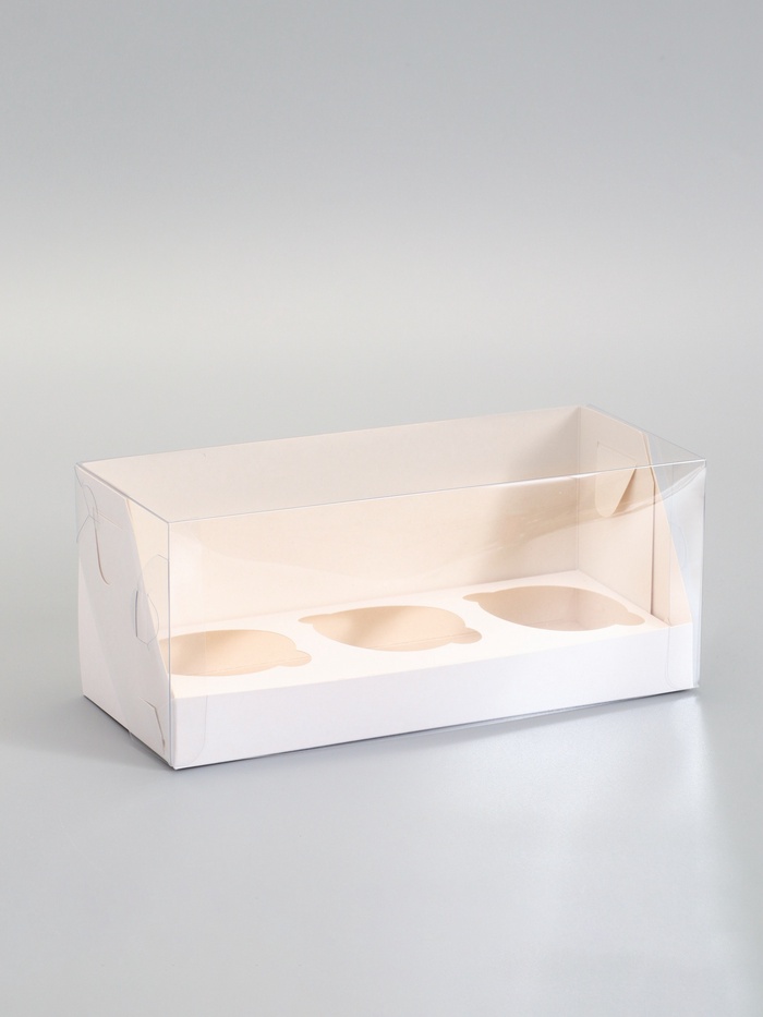 Коробка кондитерская складная под 3 капкейка, белая, 24×10×10 см