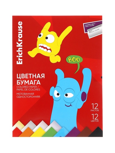 Бумага цветная А4 ErichKrause Jolly Friends, 12 листов, 12 цветов, односторонняя, металлизированная, мелованная, в папке