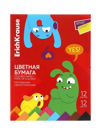 Бумага цветная А4 ErichKrause Jolly Friends, 12 листов, 12 цветов, односторонняя, флюоресцентная, мелованная, в папке