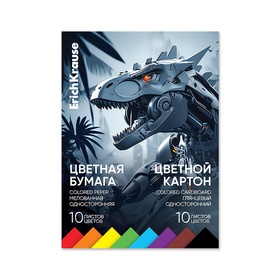 Набор цветной бумаги и картона А4 ErichKrause Techno Dino, 20 листов, 10 цветов, на клею