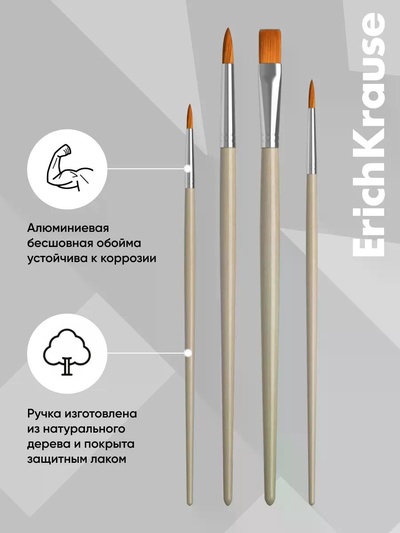 Набор кистей для акварели и гуаши ErichKrause Aquamarine, 4 штуки, синтетика, в блистере