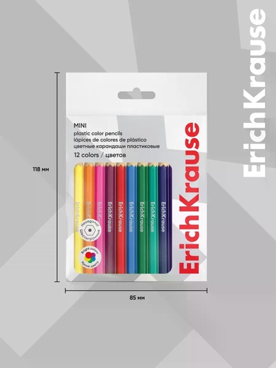 Карандаши- мини 12 цветов ErichKrause, пластиковые, шестигранные, с европодвесом
