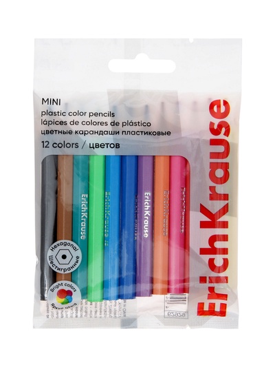 Карандаши- мини 12 цветов ErichKrause, пластиковые, шестигранные, с европодвесом