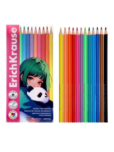 Карандаши 12 цветов ErichKrause Panda Hugs пластиковые, трехгранные, 3 мм, в ПЭТ-боксе с европодвесом
