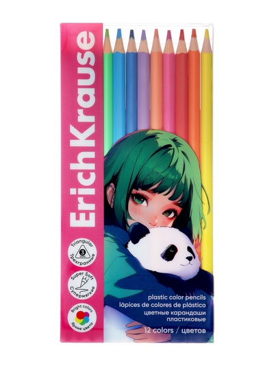 Карандаши 12 цветов ErichKrause Panda Hugs пластиковые, трехгранные, 3 мм, в ПЭТ-боксе с европодвесом