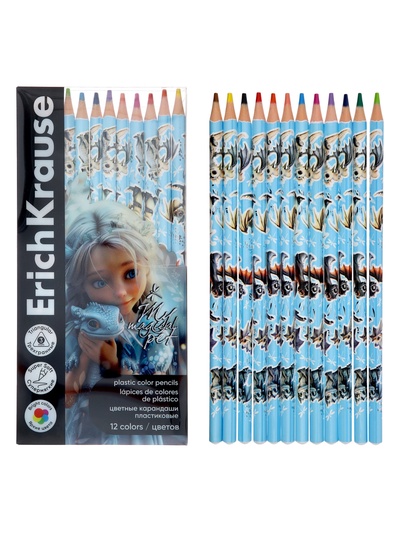 Карандаши 12 цветов ErichKrause Magic Pet, пластиковые, трехгранные, 3 мм, в ПЭТ-боксе с европодвесом