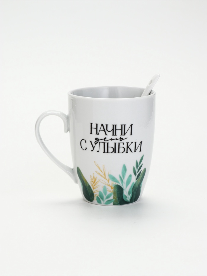 УЦЕНКА Кружка с ложкой "Начни день с улыбки", 310 мл - Фото 1