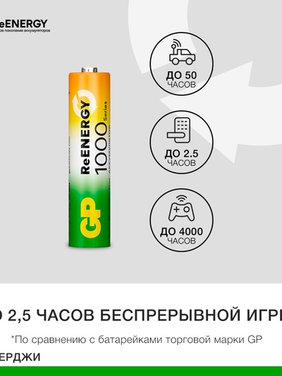 Зарядное устройство GP для батареек AA/AAA + 4 аккумулятора AAА, 1000 мАч, белое