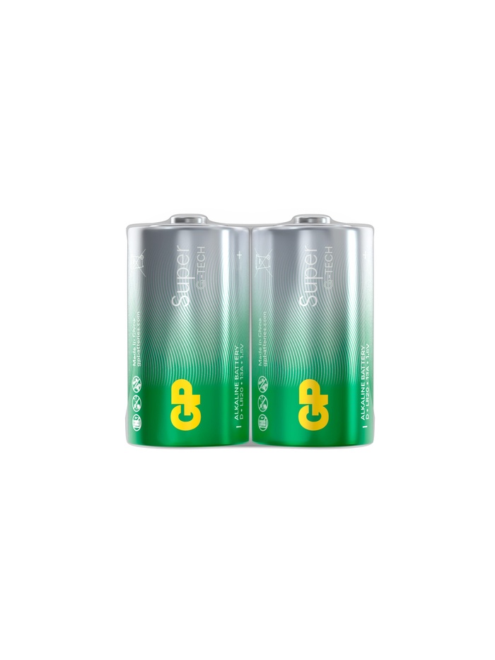Батарейка алкалиновая GP Super, D, LR20-2BL, 1.5В, спайка, 2 шт.