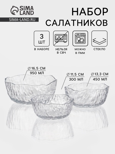 УЦЕНКА Салатники «Вулкан», набор 2 шт., 300/450 мл, d=11/13 см, стекло, прозрачные
