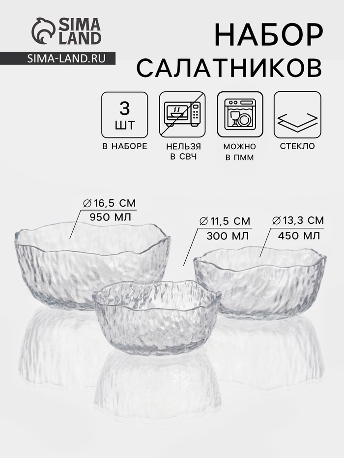 УЦЕНКА Салатники «Вулкан», набор 2 шт., 300/450 мл, d=11/13 см, стекло, прозрачные - Фото 1