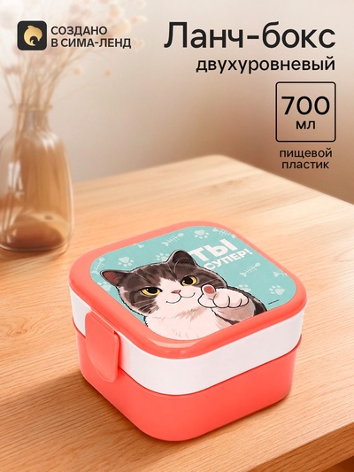 Ланч-бокс двухуровневый «Котик», розовый, 700 мл