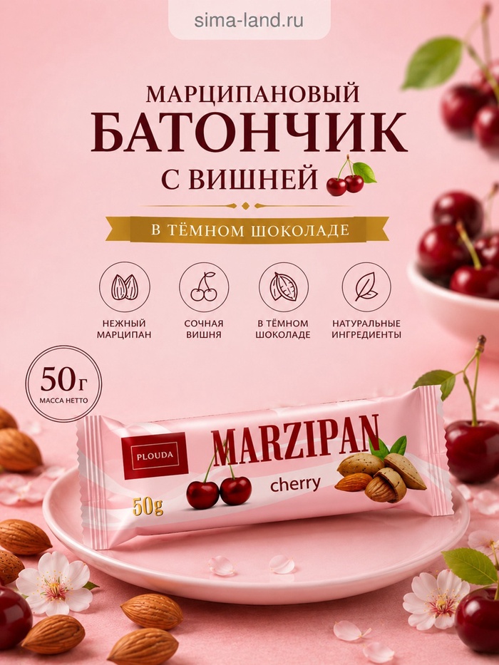 Марципановый батончик с вишней в тёмном шоколаде, 50 г