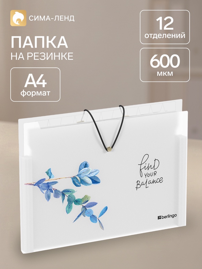 Папка А4 Spring, 12 отделений, 600 мкм, на резинке, с рисунком - Фото 1