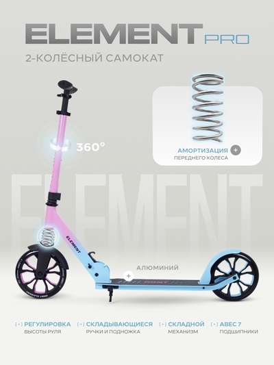 Самокат детский двухколесный RANT Element PRO, колёса PU 200 мм, ABEC 7, розово-голубой