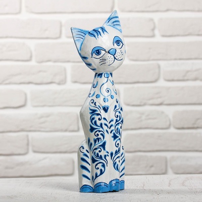 УЦЕНКА Сувенир дерево "Кошка с синей росписью" 9х4,5х30 см