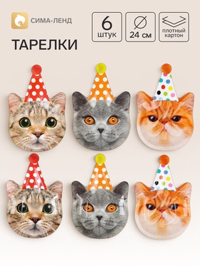 Тарелка фигурная одноразовая «Котики фотографичные», 24 см, 6 шт.
