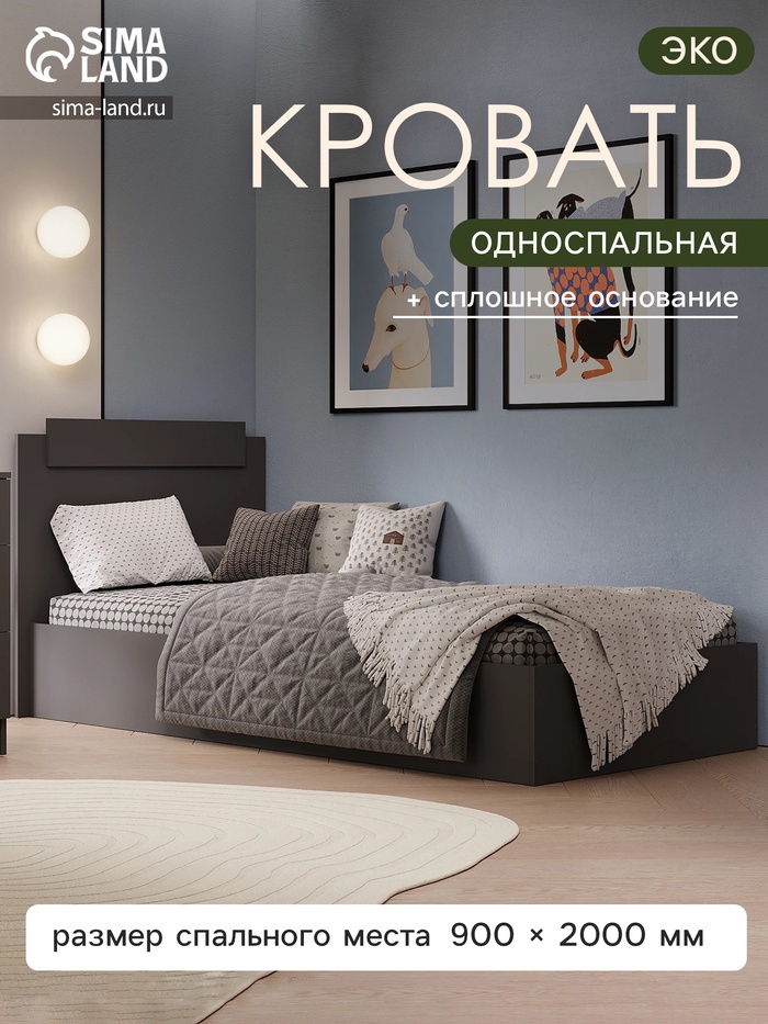 Кровать односпальная «ЭКО», спальное место 900×2000 мм, цвет графит - Фото 1