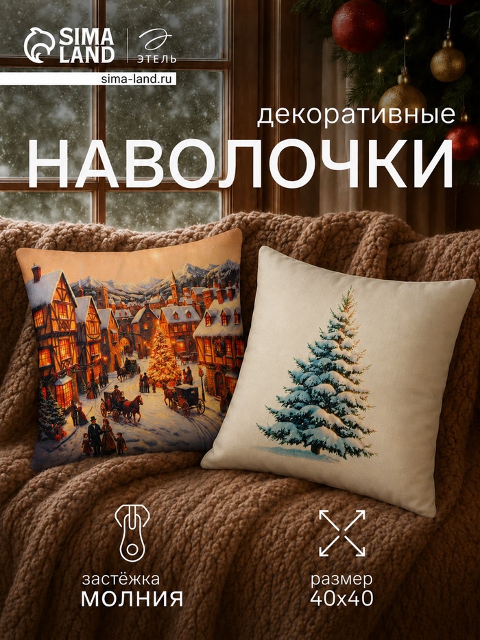 Наволочка декоративная Christmas village, 40×40 см - 2 шт., велюр