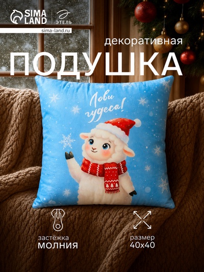 Подушка декоративная новогодняя «Этель. Лови чудеса», 40×40 см, велюр, голубая