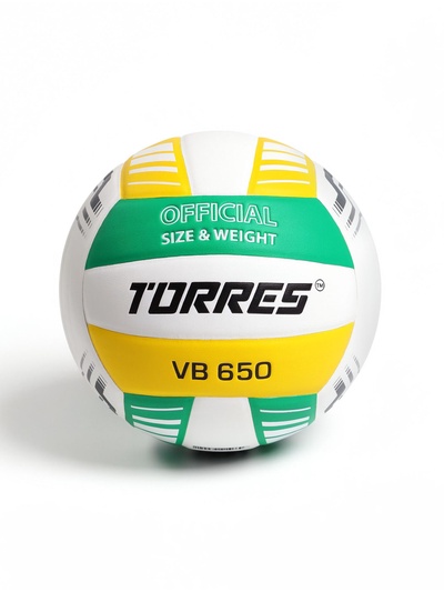 Волейбольный мяч TORRES VB 650, р. 5, бутиловая камера, клееный, полиуретан, бело-зелёно-жёлтый