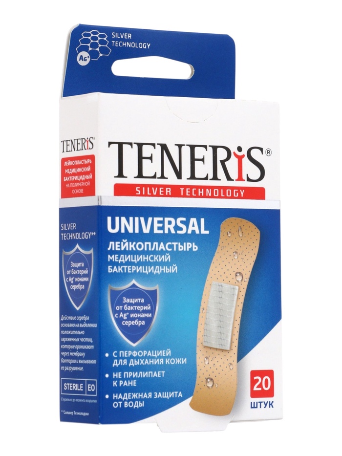 Лейкопластырь медицинский бактерицидный TENERIS Universal, полимерная основа, 7.6×1.9 см, 20 шт. - Фото 1