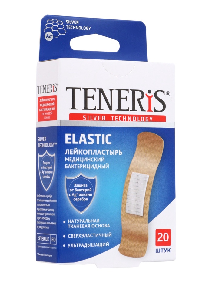 Лейкопластырь медицинский бактерицидный TENERIS Elastic, тканная основа, 7.6×1.9 см, 20 шт. - Фото 1