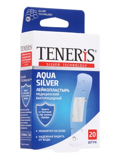 Лейкопластырь медицинский бактерицидный TENERIS Aqua Silver, полимерная основа, 7.6×1.9 см, 20 шт.