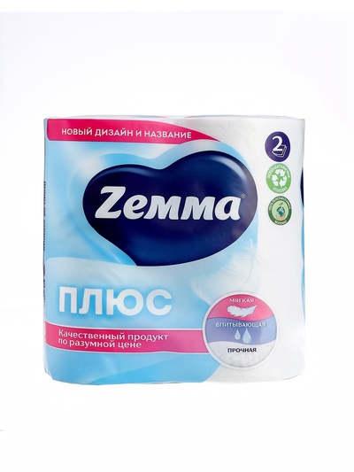 Туалетная бумага ZEMMA Плюс двухслойная, белая, 4 шт.