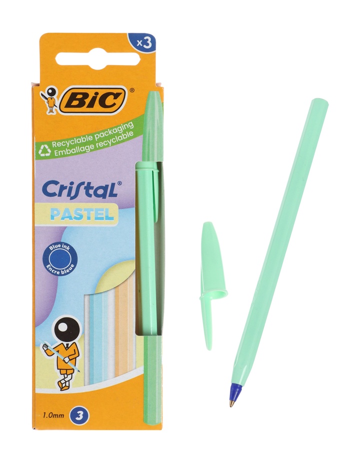 Набор ручек шариковых 3шт BIC Cristal Пастель, синяя, 1,0мм, синие 302563