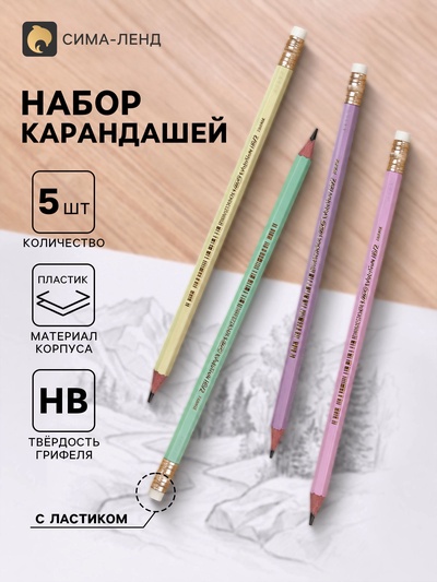 Карандаши чернографитные BIC HB Evolution «Пастель», набор 5 штук, пластиковые, с ластиками